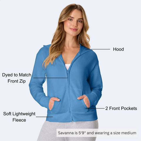 Woman wearing EcoSmart Fleece Zip Up Hoodie For Women Mid Weight Plush Cozy Hooded Sweatshirt Made From American Farm Cotton, front view