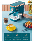 Game Changer Semi Automatic Espresso Maker With Integrated Milk Frother And Steam Wand For Nailing That Cafe Style Cappuccino Latte And Bold Home Brews Quick Heat Up And Steady Pressure For Smooth Sipping Daily on kitchen countertop, with coffee drinks and waffles.