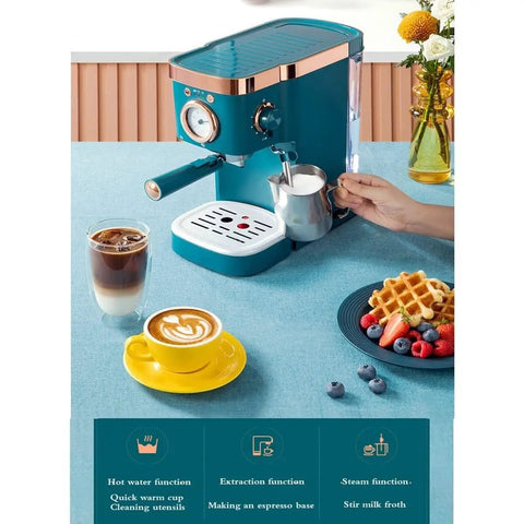 Game Changer Semi Automatic Espresso Maker With Integrated Milk Frother And Steam Wand For Nailing That Cafe Style Cappuccino Latte And Bold Home Brews Quick Heat Up And Steady Pressure For Smooth Sipping Daily on kitchen countertop, with coffee drinks and waffles.