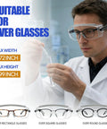 Scientist wearing over eyeglasses safety glasses with no fog anti fog scratch resistant wraparound lens, adjustable temples