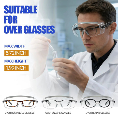 Scientist wearing over eyeglasses safety glasses with no fog anti fog scratch resistant wraparound lens, adjustable temples