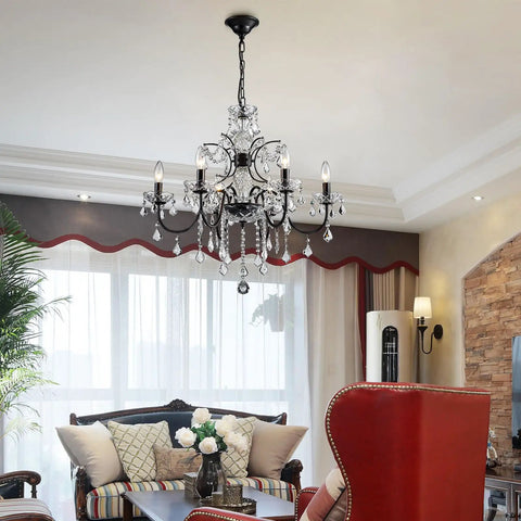 Black Finish Crystal Candle Candelabra Chandelier With Six Light LED Pendant Fixture Elegant Statement Lighting