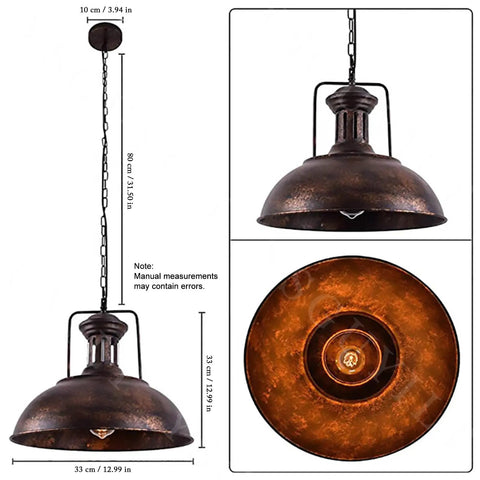 YSGUYILT Vintage Industrial Pendant Lights E26 Retro Metal Hanging Lights, Farmhouse Hanging Lamp for Restaurant Kitchen Island Rust Color 33 cm, top view.