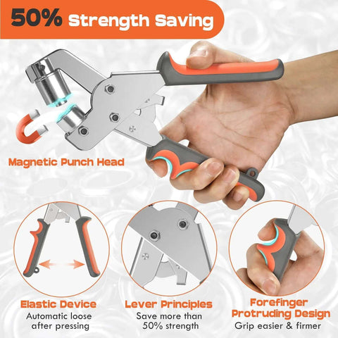 Three Eighth Inch Grommet Tool Kit Pro Grade Heavy Duty Handheld Pliers with easy grip and magnetic punch head in use