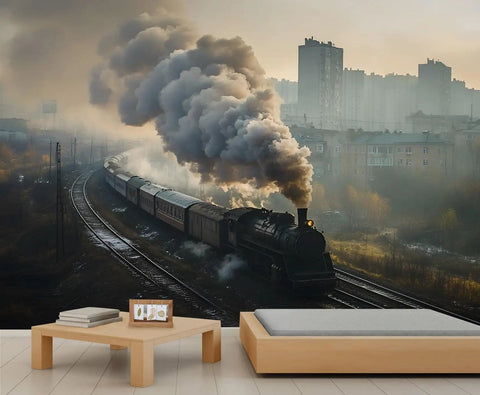 Steam Train Wall Mural With Vintage Locomotive On City Tracks 3D Look For Living Room And Bedroom Dope Large Wallpaper