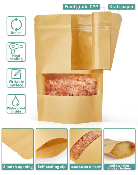 100 Pcs Kraft Stand Up Pouches With Window 3.5 By 5.5 Inch Zipper Food Storage Bags with pink salt showcasing self-sealing zip.