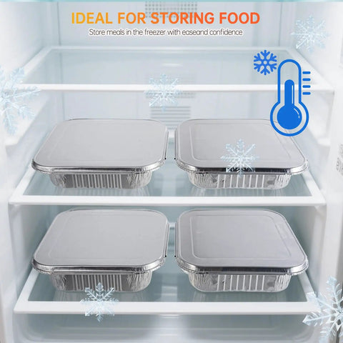 20 Pack 8x8 Aluminum Pans With Lids For Baking Roasting And Reheating Heavy Duty Square Foil Pans in freezer showing leak resistant design