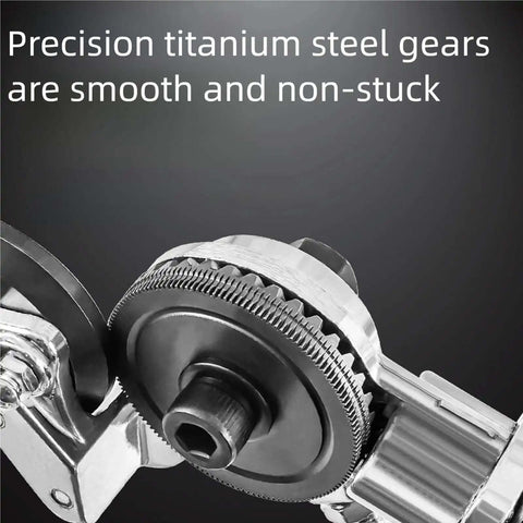 Close-up of precision titanium steel gears on drill powered sheet metal cutter and nibbler attachment.