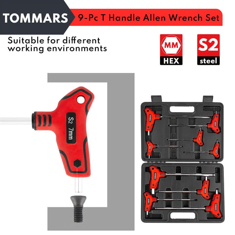 Nine Piece T Handle Hex Key Set With Ball End, Metric 2mm To 10mm, S2 Steel Allen Wrenches shown in case and single 7mm wrench