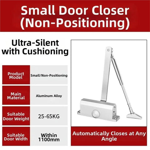 Adjustable Speed Door Closer With Quiet Soft Closing For 25 To 85 Kg Doors Aluminum Alloy Rustproof Silver Finish Fits Doors Up To 1100mm Wide Durable Easy Install Door Closing Hardware