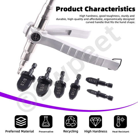 Essential 7 Piece Copper Pipe Tube Expander Tool Kit With 1/4 To 3/4 Inch Swaging Drill Bits, steel frame and multiple drill bits.
