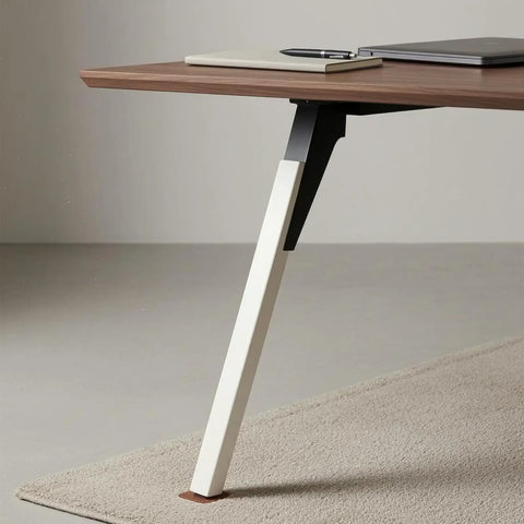 Adjustable Metal Desk Leg With Tapered Angled Profile And Built In Cable Management Pass Through For A Clean Home Office Setup Heavy Duty Study Table Support Leg Diamond Black shown supporting a wooden desk.