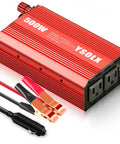 500W Car Power Inverter With 12V To 110V Conversion, Dual Fast Charging 24W USB, And 2 AC Outlets in red casing