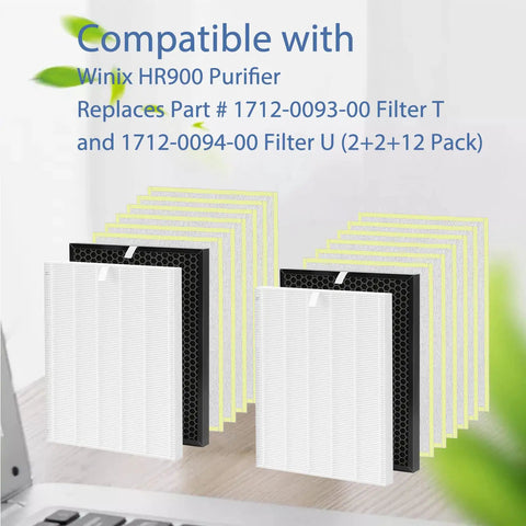 HR900 Replacement Filter Kit 2-Pack for Purifier Includes Filter T and Filter U With Pre Filter and True HEPA displayed on table