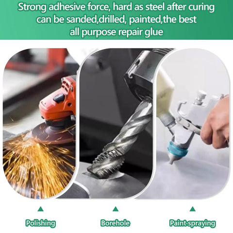 Heavy Duty Workhorse Metal Repair Epoxy Glue 1.76 Oz Waterproof Two Part Bond shown in polishing, drilling, and spraying actions