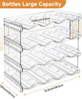 Heavy Duty Four Tier Water Bottle Organizer Rack With Hella Spacious Compartments For Stress Free Beverage Storage In Garage Kitchen Or Pantry Totally Fits Up To Thirty Two Oz Bottles Daily, clear plastic rack dimensions shown.