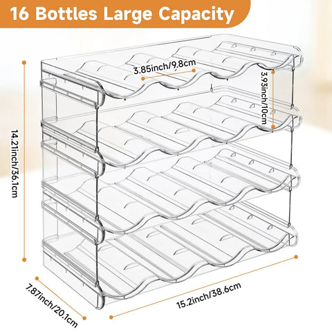 Heavy Duty Four Tier Water Bottle Organizer Rack With Hella Spacious Compartments For Stress Free Beverage Storage In Garage Kitchen Or Pantry Totally Fits Up To Thirty Two Oz Bottles Daily, clear plastic rack dimensions shown.