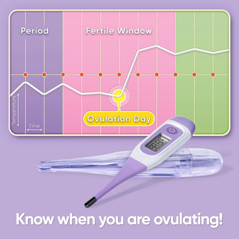 Digital Basal Thermometer For Fertility And Ovulation Tracking With High Accuracy, Pregnancy Monitoring, LCD Display, Waterproof, Longer Stabilization Time For Precise Readings, No-Fuss Oral Or Rectal Use. Ovulation chart image with purple thermometer.