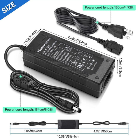 12V 5A 60W AC To DC Power Brick With 9.84Ft Cable, 5.5x2.1mm And 2.5mm Plugs shown with measurement details