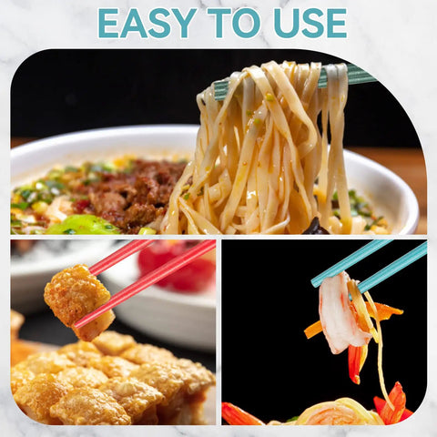 Dishwasher Safe Fiberglass Chopsticks Set for Everyday Meals, 5 Pairs, 9.5 Inch Reusable Japanese Chinese Chopsticks holding different foods.