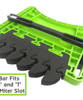 FeatherPRO FP1 featherboard for table saws and router tables; bright green base with black fingers