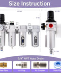 Heavy Duty 3/4 Inch NPT Industrial Air Dryer For Air Compressor Featuring Four Stage Coalescing Filtration And A Solid Auto Drain To Kill Moisture Quick with size instruction.