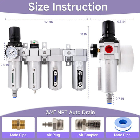 Heavy Duty 3/4 Inch NPT Industrial Air Dryer For Air Compressor Featuring Four Stage Coalescing Filtration And A Solid Auto Drain To Kill Moisture Quick with size instruction.