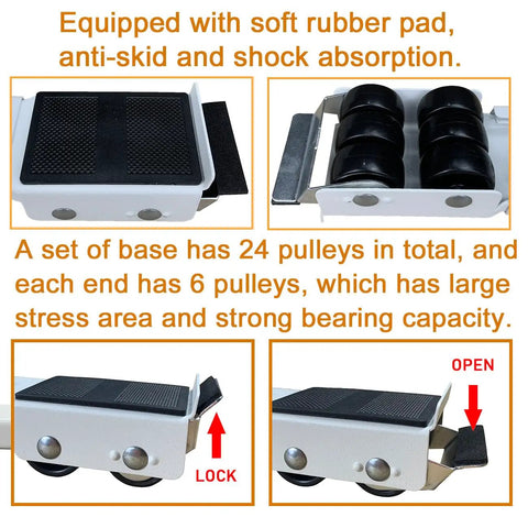 Two Pack Heavy Duty Appliance Rollers, Extendable U-Cart Movers showing rubber pad and pulley mechanism, 24 pulleys total