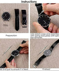 Slick Stainless Steel Watch Band Spring Bar Pins Kit With Removal Tool 360 Pieces 1.5mm Diameter covers instructions for strap fixing.