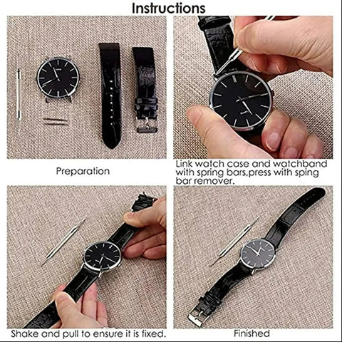 Slick Stainless Steel Watch Band Spring Bar Pins Kit With Removal Tool 360 Pieces 1.5mm Diameter covers instructions for strap fixing.