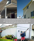 Four people cleaning various house exteriors using the 120 Inch Stainless Steel Pressure Washer Extension Wand Workhorse With 30 Degree And 90 Degree Curved Rods, Quarter Inch Quick Connect, Heavy Duty Up To 4000 PSI Power Washer Lance.