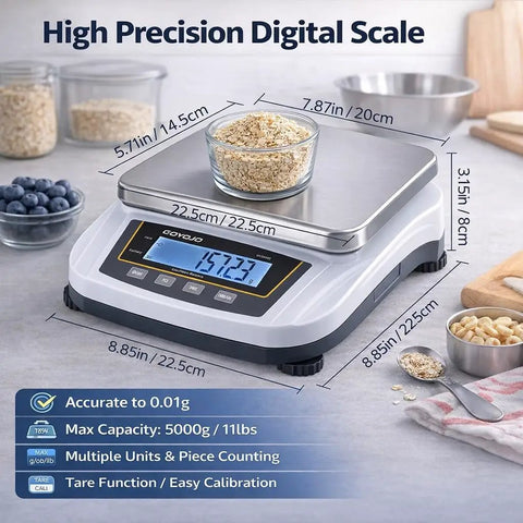 Pro Grade Digital Analytical Balance And Lab Scale With 5000 G Capacity And 0.01 G Precision, stainless steel pan, LED display