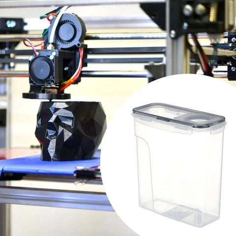 3D printing setup with filament dryer box in view, showing 3D Printer Filament Dryer Box No Hassle Dustproof Waterproof Storage Case For 1Kg Spools Sealed Tank For PLA And PETG Filament Keeps Filament Dry Between Prints With Easy Reach Round Opening Black