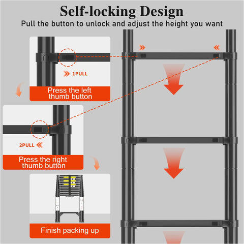 Heavy Duty Aluminum Telescoping Ladder 12.5 Ft Extension Ladder 330 Lb Load Black With Auto Lock Pins Anti Slip Rungs Textured Steps For Rock Solid Stability And Easy Safe Reach self-locking buttons