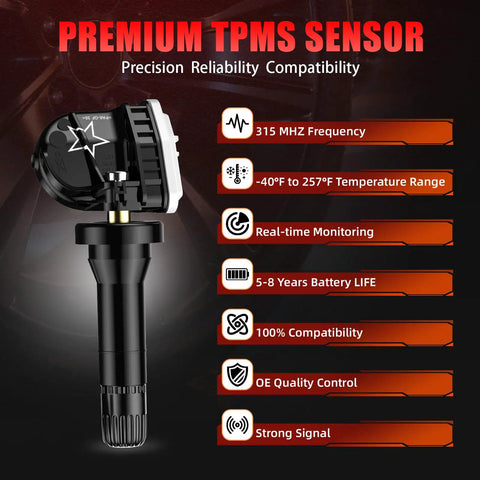 Preprogrammed 315MHz TPMS Sensor Kit for Chevy Silverado Equinox Escalade GMC Terrain Sierra 4 Pack Tire Pressure Monitoring System with OE Fit and Easy Install black TPMS sensor