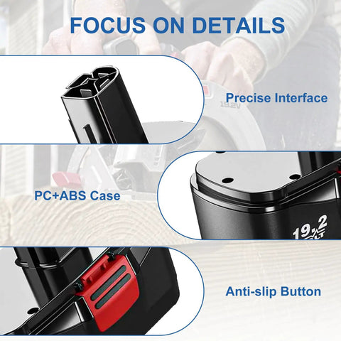 Two Pack 19.2V 4500mAh Ni MH Replacement Battery For Craftsman Cordless Tools DieHard C3 Compatible, showing details like interface and case.