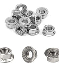 Tough As Nails M6 Serrated Flange Nuts 40 Pack 304 Stainless Steel Hex Nuts With Grip Teeth stacked and arranged on a white background.