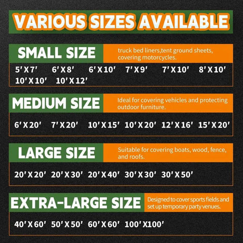 Size options for Ultra Thick 12 Mil White Tarp 20x30 Feet UV Resistant Waterproof Poly Tarp With Reinforced Edges And Metal Grommets