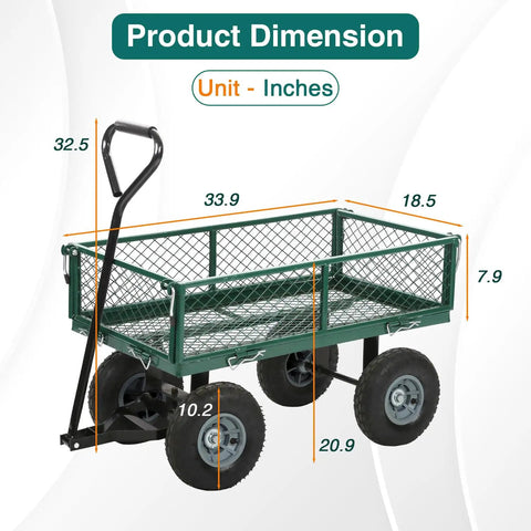 Heavy Duty Garden Cart With 500 Lbs Capacity, Utility Wagon, green metal frame with wheels and 180 degree rotating handle
