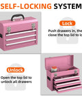 Heavy Duty Metal Tool Chest With Drawers Pink Powder Coated Finish Portable And Secure Garage And Home Storage Scratch Absorbing Liner Drawers Rugged Tool Organizer For Pros And Diyers On The Go showing self-locking system