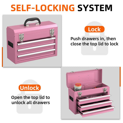 Heavy Duty Metal Tool Chest With Drawers Pink Powder Coated Finish Portable And Secure Garage And Home Storage Scratch Absorbing Liner Drawers Rugged Tool Organizer For Pros And Diyers On The Go showing self-locking system