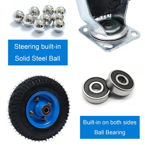 Heavy Duty Rubber Swivel Caster Wheels 8 Inch And 10 Inch Pack showcasing solid steel ball, ball bearings, and rugged design for smooth gliding.