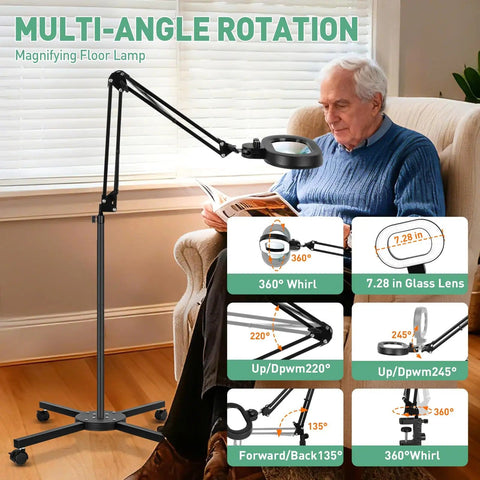 Go To Floor Standing Magnifier With Light And Stand, 12X Large Illuminated Magnifier with elderly man reading in chair