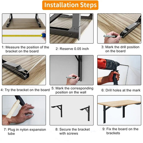 Step-by-step guide to installing Heavy Duty 24 Inch Folding Shelf Brackets Wall Mounted Triangle Hinges with tools and measurements.
