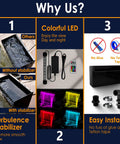 Comparison of Pond Waterfall Kit with LED Lights showing turbulence stabilizer, colorful LED, and easy installation features.
