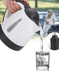 Dash Approved 24V Car Kettle 1000Ml pouring water into a glass, showcasing its portable design and stainless steel interior.