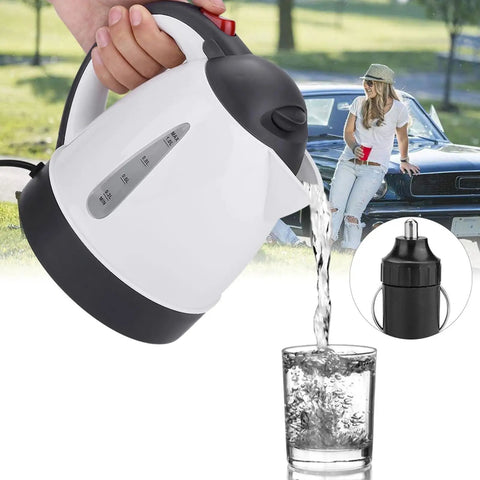Dash Approved 24V Car Kettle 1000Ml pouring water into a glass, showcasing its portable design and stainless steel interior.