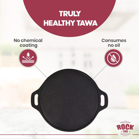 Heavy Duty 14 Inch Cast Iron Dosa Tawa Pre Seasoned Flat Griddle with no chemical coating, ideal for healthy cooking.