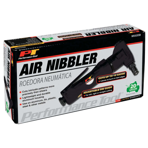 Air Nibbler M552DB Pneumatic Metal Cutter box showing adjustable die guide and lightweight aluminum housing features