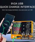 Variable DC Power Supply 30V 5A Benchtop Lab Power Source with 4 Digit Display demonstrating USB fast charging.